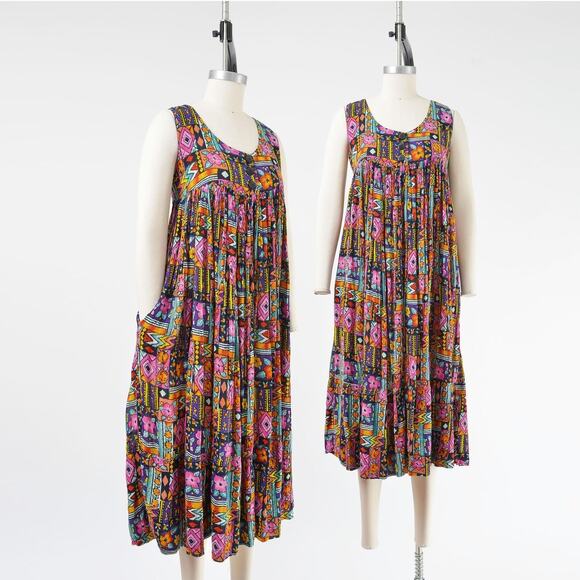 Vintage Dresses & Skirts - Vintage 90s Rayon Gauze Patchwork Dress Boho Artsy Mixed Print Pocket Dress S